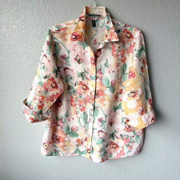 Lauren Ralph Lauren 100% linen floral watercolor top - Picture 1 of 9